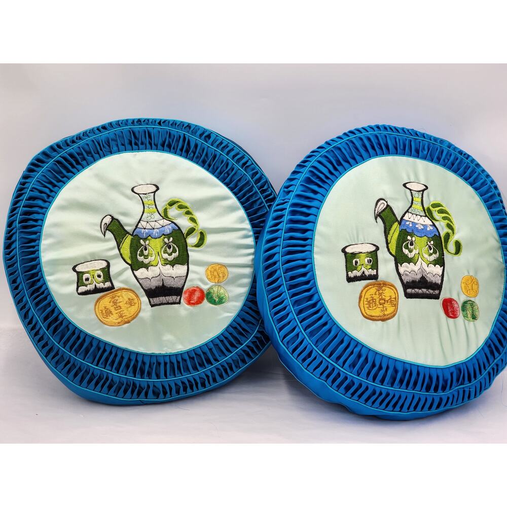 Asian Throw Pillows Pair Embroidered Blue Satin Round Decorative Tea Time